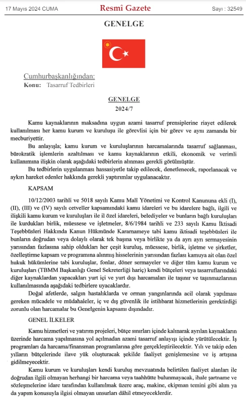 Tasarruf Tedbirleri Genelgesi Resmi Gazete’de yayımlandı