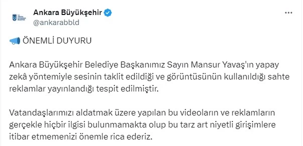 ABB vatandaşları uyardı! Mansur Yavaş'ın sesi kullanılarak sahte videolar hazırlanıyor