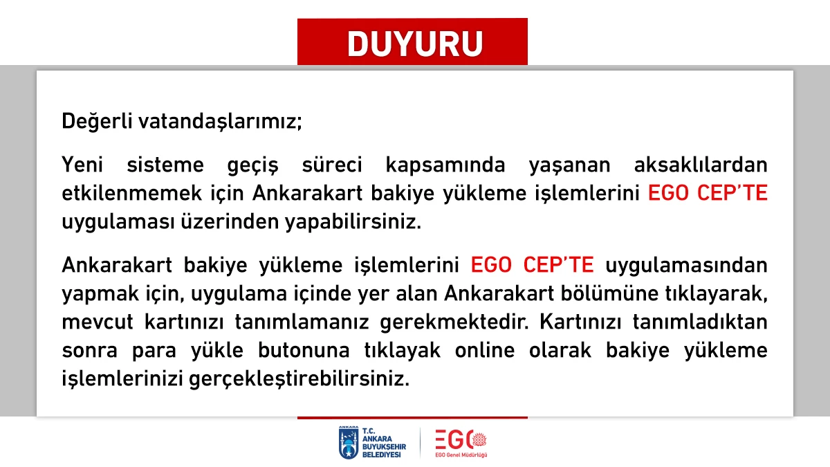 Ankarakart bakiye yükleme işlemleri EGO CEP’te uygulaması üzerinden yapılacak