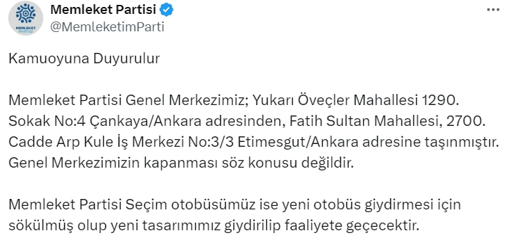 Memleket Partisi genel merkezi kapatıldı mı, yeni adresi nedir? - Resim : 2