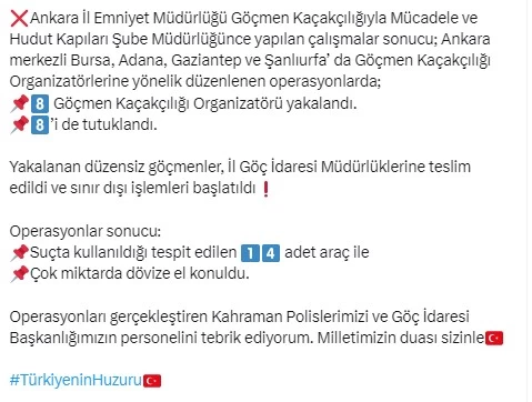 Ankara merkezli göçmen kaçakçılığı operasyonunda 8 kişi tutuklandı