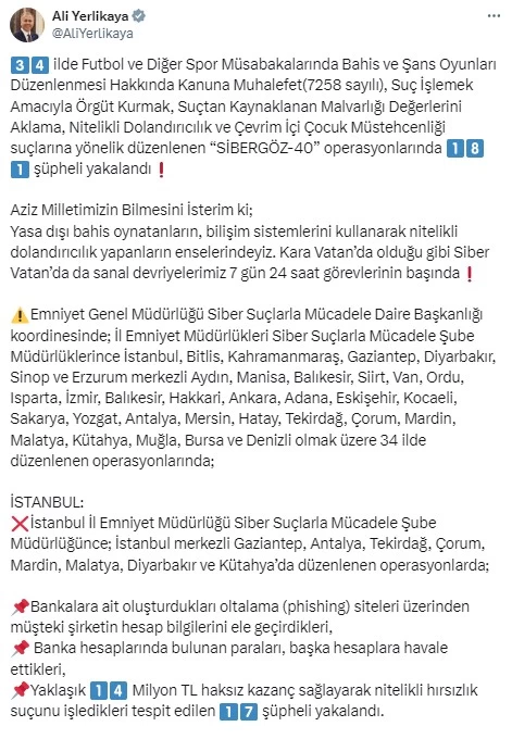 Aralarında Ankara'nın da olduğu 34 ilde Sibergöz 40 operasyonu! 181 kişi gözaltına alındı