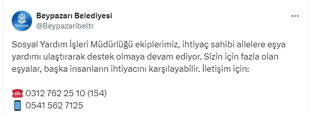 Beypazarı Belediyesi ihtiyaç sahibi vatandaşlara ihtiyaç yardımı yapıyor