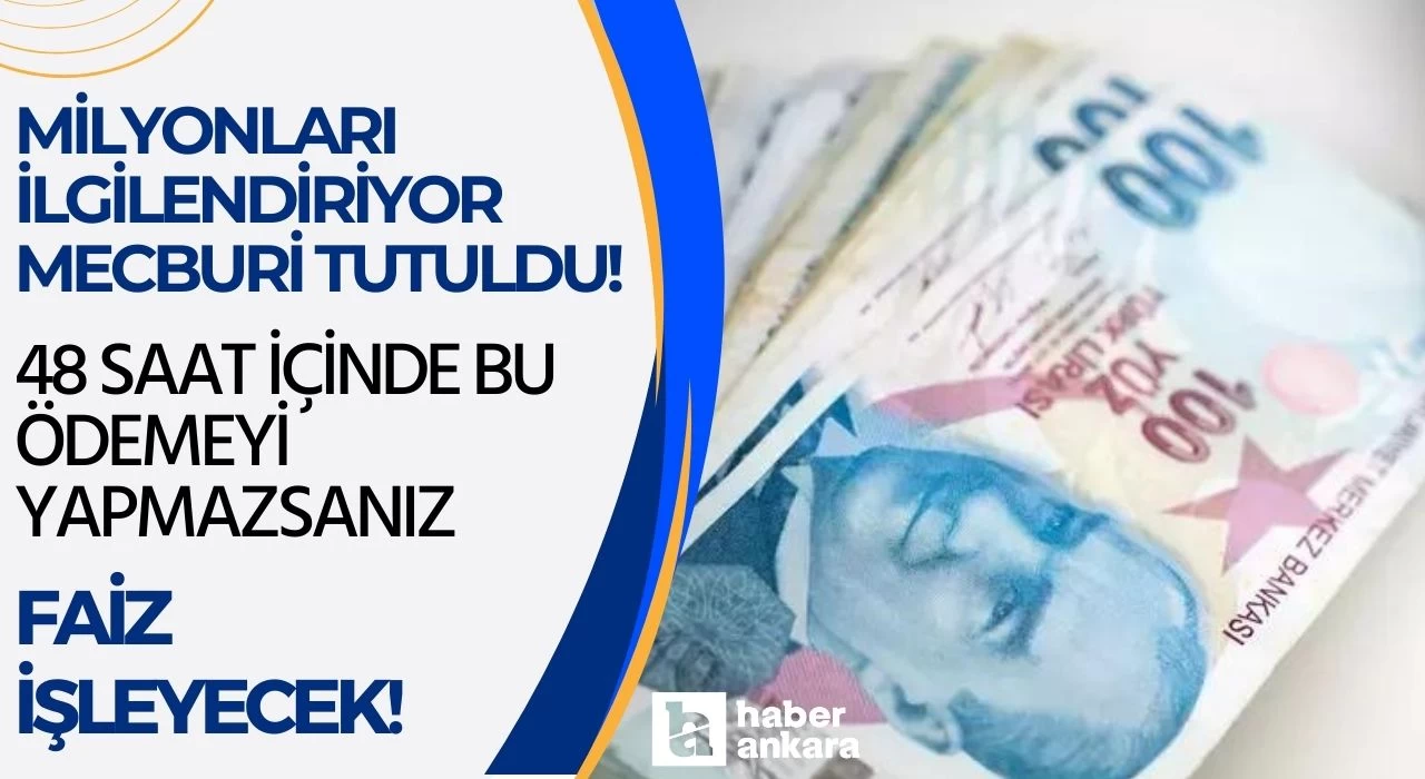 Milyonları ilgilendiriyor mecburi tutuldu! 48 saat içinde bu ödemeyi yapmazsanız faiz işleyecek!